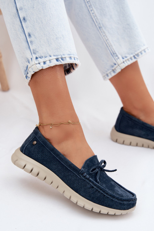 sieviešu mokasīniIeslēgtsturalnego zamšādasu ar bantītēm Vinceza 95401 tumši zilas krāsas