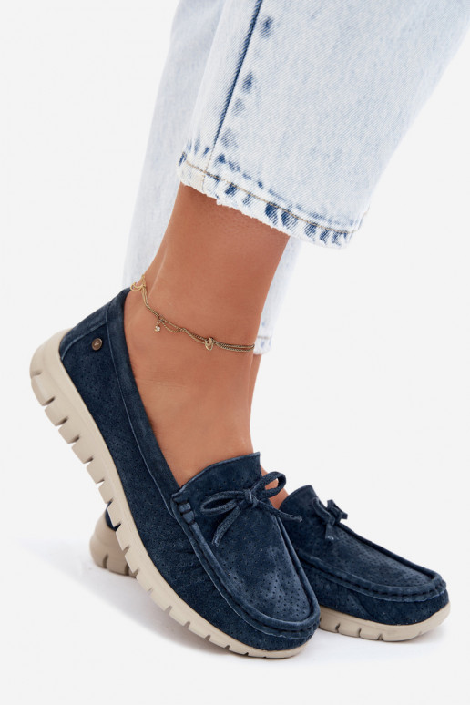 sieviešu mokasīniIeslēgtsturalnego zamšādasu ar bantītēm Vinceza 95401 tumši zilas krāsas