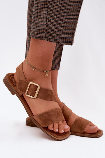 Sieviešu basenes ar platiem papēžiem Ar zelta sprādzi brūnas krāsas Verissea 2