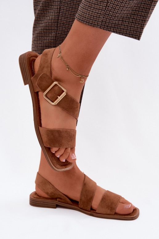 Sieviešu basenes ar platiem papēžiem Ar zelta sprādzi brūnas krāsas Verissea