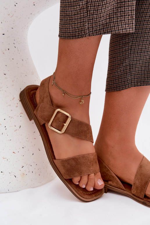 Sieviešu basenes ar platiem papēžiem Ar zelta sprādzi brūnas krāsas Verissea