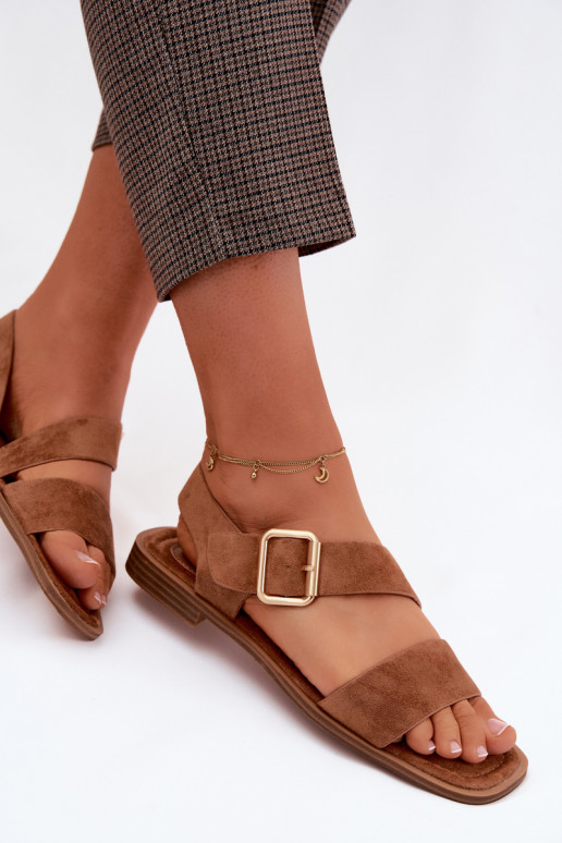 Sieviešu basenes ar platiem papēžiem Ar zelta sprādzi brūnas krāsas Verissea