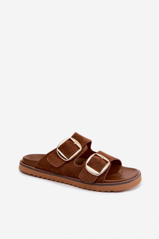 sieviešu čībasImitacji zamšādasu Zelta krāsas ar sprādzītēm brūnas krāsas Averia