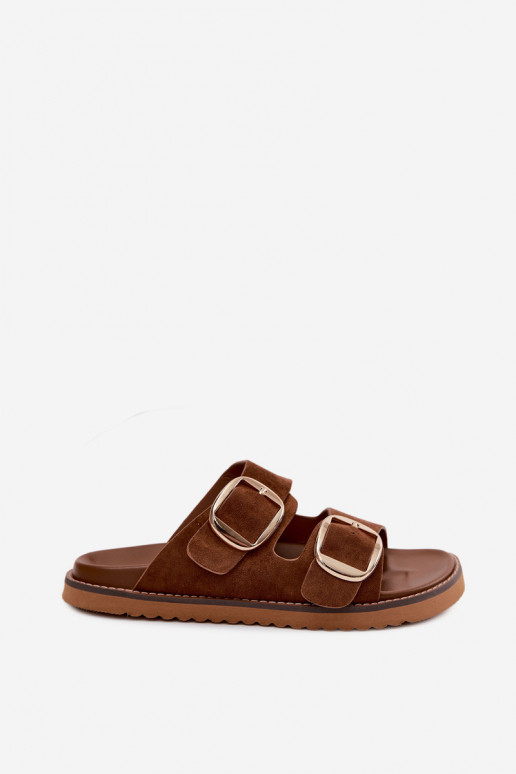 sieviešu čībasImitacji zamšādasu Zelta krāsas ar sprādzītēm brūnas krāsas Averia