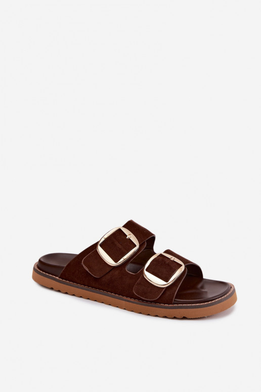 sieviešu čībasImitacji zamšādasu Zelta krāsas ar sprādzītēm CzekoladoIne Averia