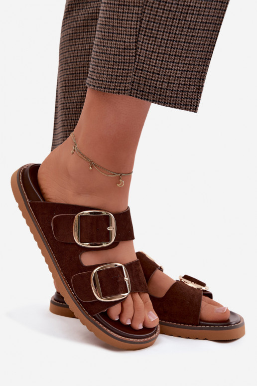 sieviešu čībasImitacji zamšādasu Zelta krāsas ar sprādzītēm CzekoladoIne Averia