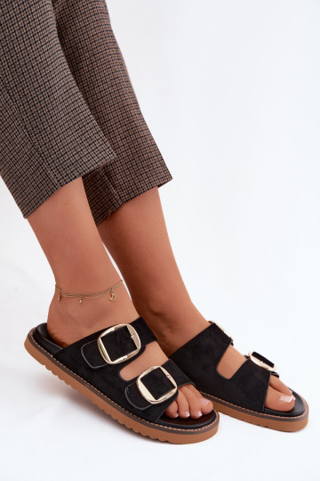 sieviešu čībasImitacji zamšādasu Zelta krāsas ar sprādzītēm melnas krāsas Averia