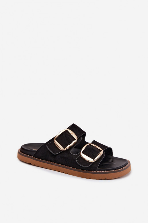 sieviešu čībasImitacji zamšādasu Zelta krāsas ar sprādzītēm melnas krāsas Averia