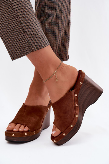 sieviešu čības ar platformuImitacji zamšādasu Zelta krāsas ar kniedēm brūnas krāsas Norvia