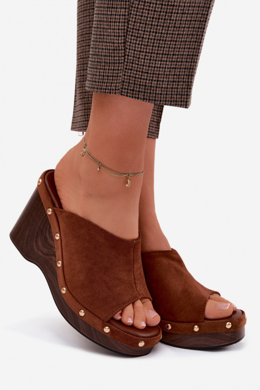 sieviešu čības ar platformuImitacji zamšādasu Zelta krāsas ar kniedēm brūnas krāsas Norvia