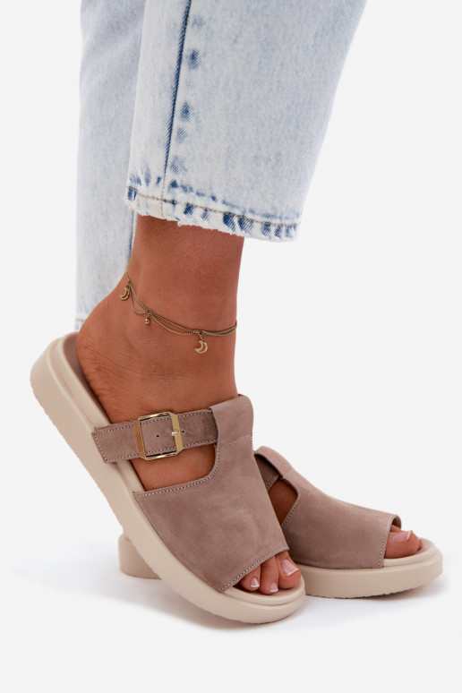 sieviešu zamšādas čības ar platformu Ar zelta sprādzi smilšu krāsas Zemela