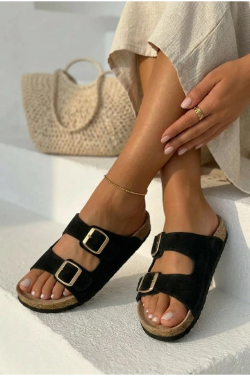 zamšādas čības Uz korķa zoles ar sprādzēm melnas krāsas Tavira