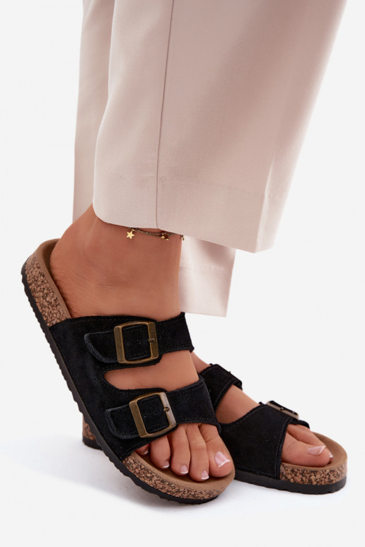 zamšādas čības Uz korķa zoles ar sprādzēm melnas krāsas Tavira