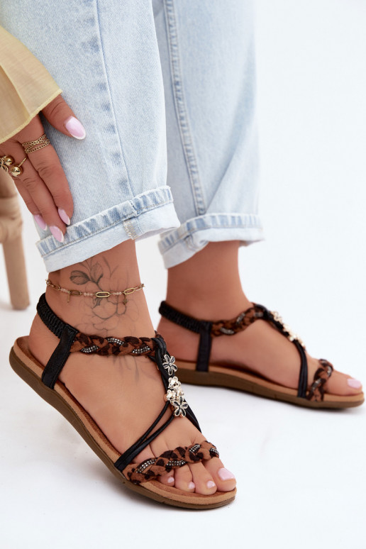 Sieviešu basenesPrzypinkami I Plecionymi Paskami melnas krāsas ar leoparda kažokādas rakstu Nusoreth