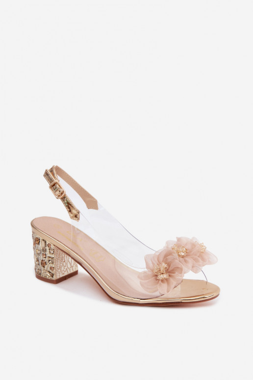Caurspīdīgas sandales ar papēdi ar mirdzošiem spīdumiem I Ziedskami D&A MR61-9009 Zelta krāsas