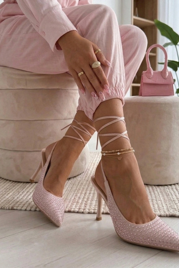 Rozā augstpapēžu kurpes ar atvērtu purngalu, rotātas ar rhinestones Edith