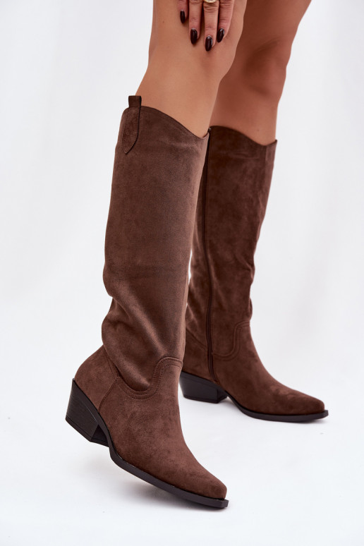 Brūni faux suede kovboju stila zābaki ar papēžiem Esmira