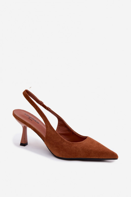 Brūnas sieviešu sandales ar plāniem papēžiem no mākslīgā zamša Saria
