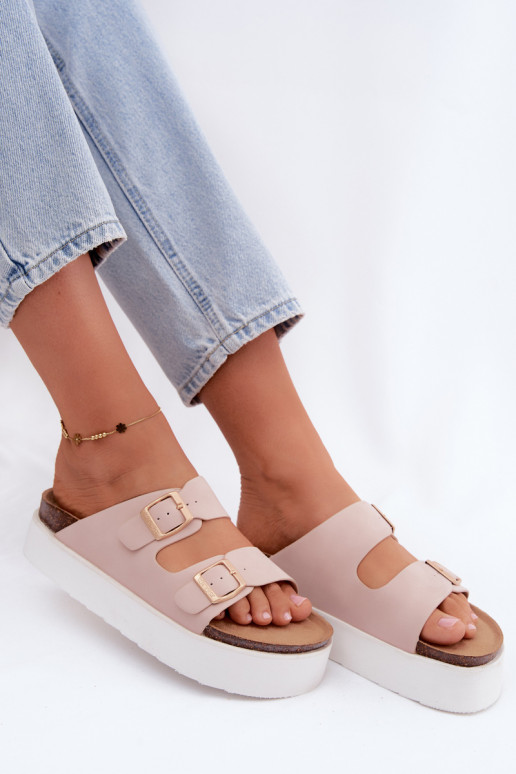 Rozā sieviešu čības ar platformu un sprādzēm