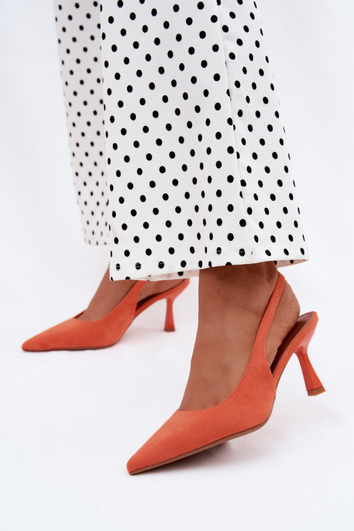 Sieviešu sandales ar plāniem papēžiem no mākslīgās zamšā oranžā krāsā Saria