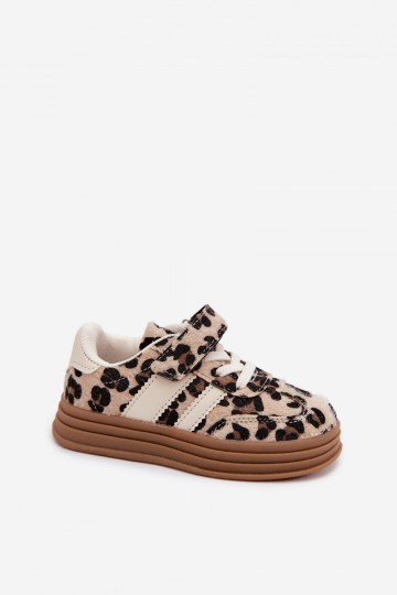 Bērnu sporta apavi ar leoparda rakstu un velcro smilšu krāsā Satinia