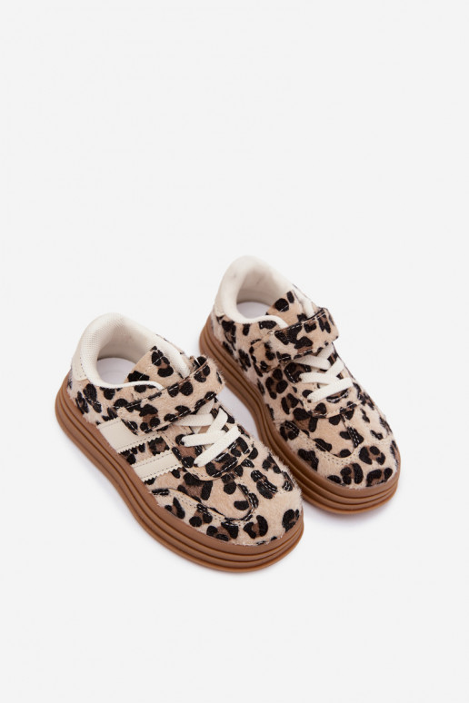 Bērnu sporta apavi ar leoparda rakstu un velcro smilšu krāsā Satinia