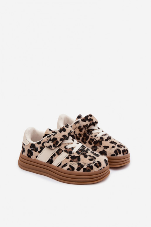 Bērnu sporta apavi ar leoparda rakstu un velcro smilšu krāsā Satinia