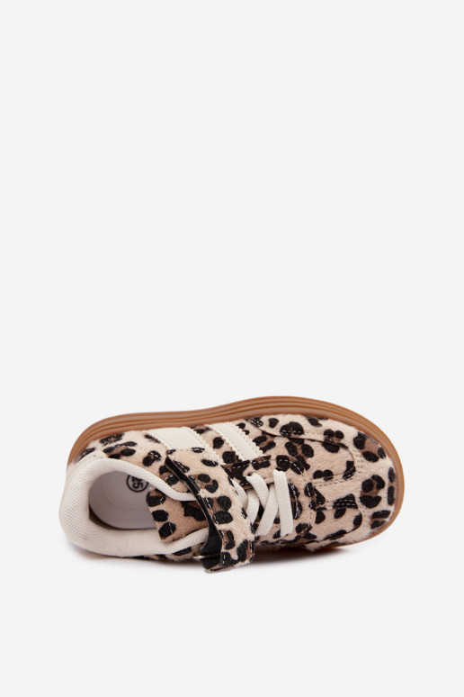 Bērnu sporta apavi ar leoparda rakstu un velcro smilšu krāsā Satinia