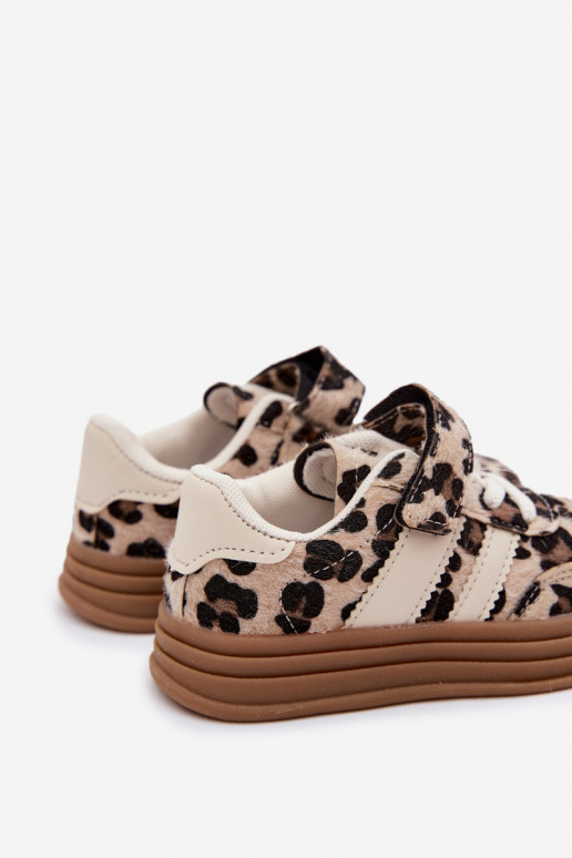 Bērnu sporta apavi ar leoparda rakstu un velcro smilšu krāsā Satinia
