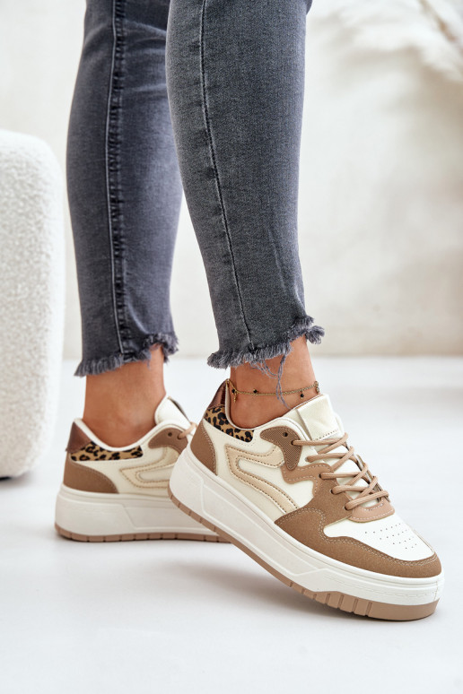 Sieviešu sneakers no mākslīgās ādas ar platformu un leoparda rakstiem smilšu krāsā Henizore