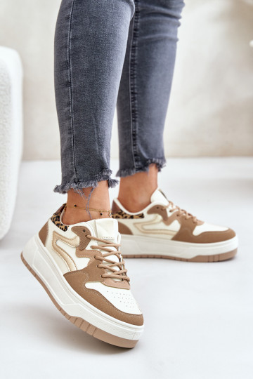 Sieviešu sneakers no mākslīgās ādas ar platformu un leoparda rakstiem smilšu krāsā Henizore 2