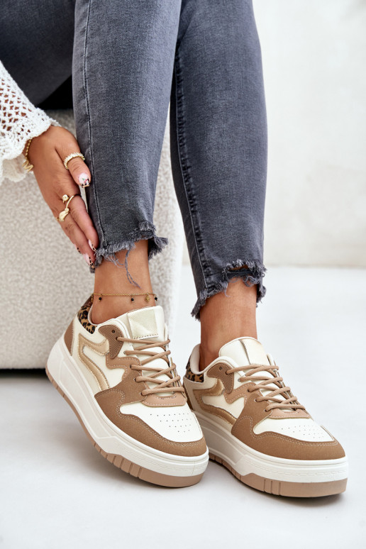Sieviešu sneakers no mākslīgās ādas ar platformu un leoparda rakstiem smilšu krāsā Henizore