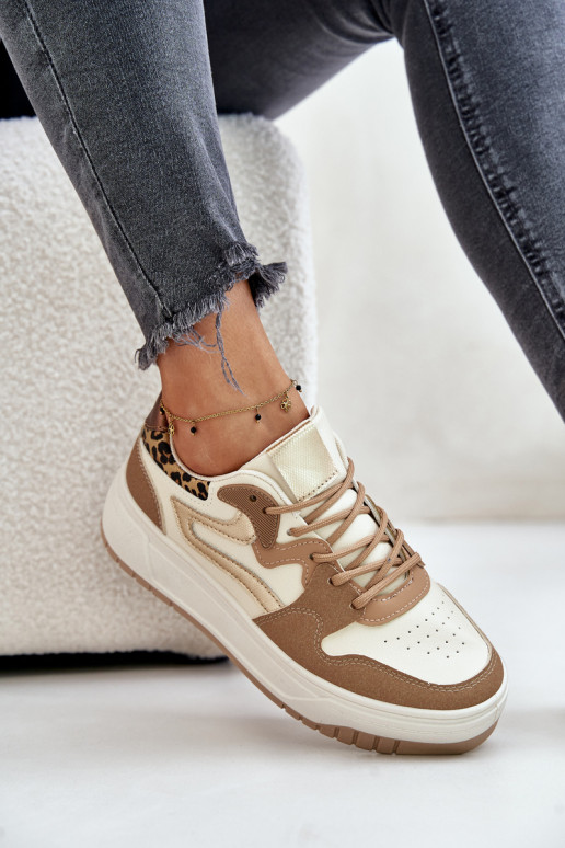 Sieviešu sneakers no mākslīgās ādas ar platformu un leoparda rakstiem smilšu krāsā Henizore