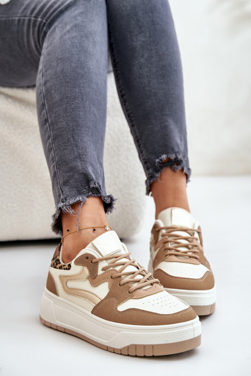 Sieviešu sneakers no mākslīgās ādas ar platformu un leoparda rakstiem smilšu krāsā Henizore