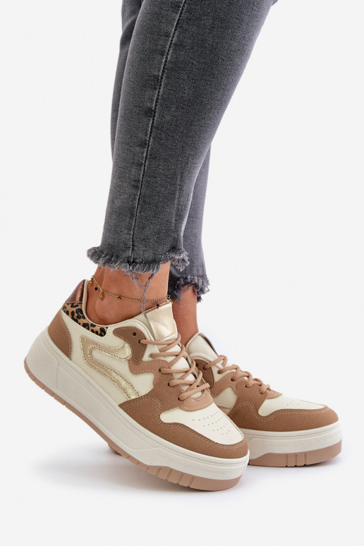 Sieviešu sneakers no mākslīgās ādas ar platformu un leoparda rakstiem smilšu krāsā Henizore