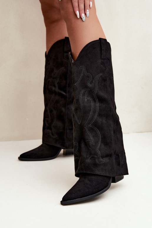 Garie kovboju stila zābaki ar papēžiem un šuvēm melnā krāsā Irella