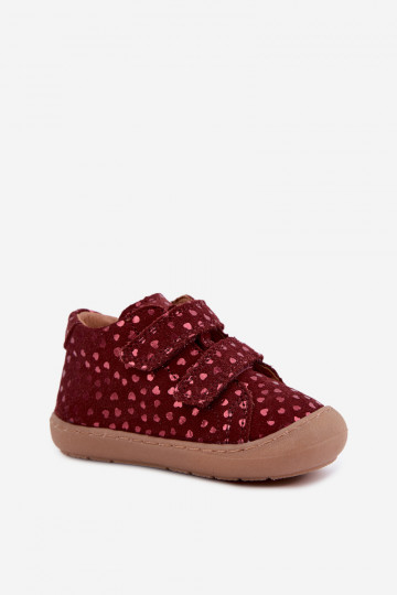 Burgundijas bērnu zamša kurpes Barefoot ar sirdīm Froddo G2130328-66