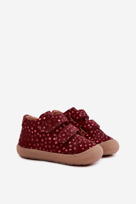 Burgundijas bērnu zamša kurpes Barefoot ar sirdīm Froddo G2130328-66