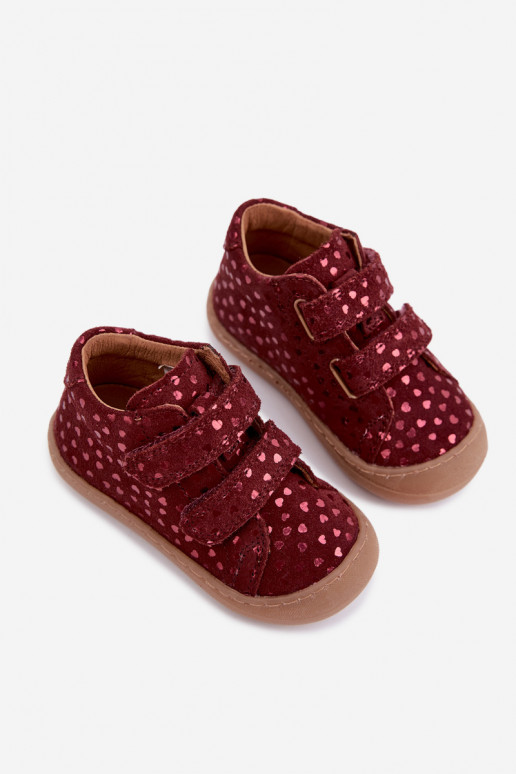 Burgundijas bērnu zamša kurpes Barefoot ar sirdīm Froddo G2130328-66