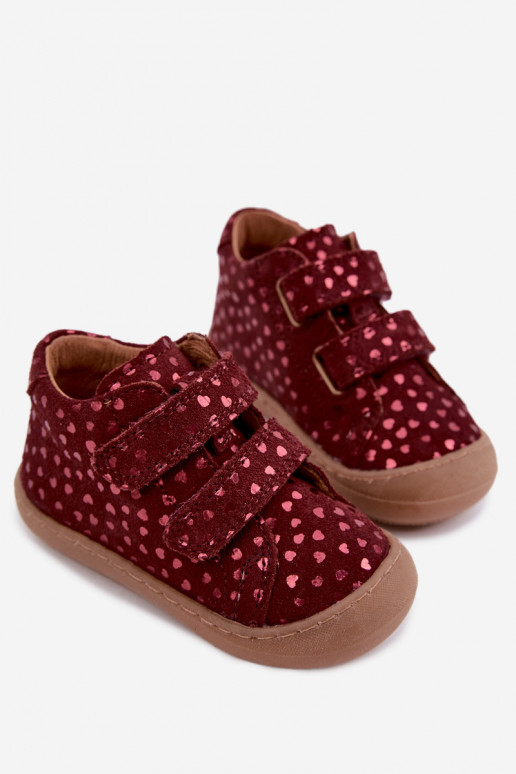 Burgundijas bērnu zamša kurpes Barefoot ar sirdīm Froddo G2130328-66