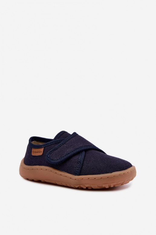 Bērnu čības zēniem ar lipīgām aizdares Barefoot Froddo G1700438 tumši zilā krāsā