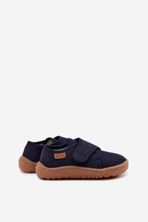 Bērnu čības zēniem ar lipīgām aizdares Barefoot Froddo G1700438 tumši zilā krāsā