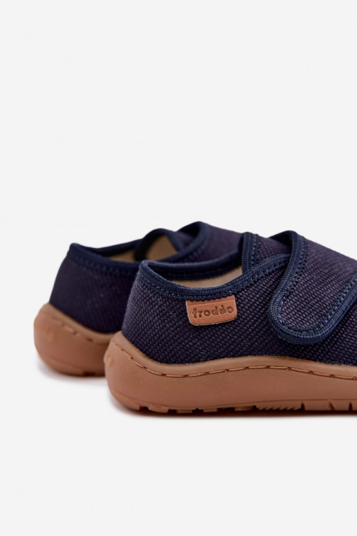 Bērnu čības zēniem ar lipīgām aizdares Barefoot Froddo G1700438 tumši zilā krāsā
