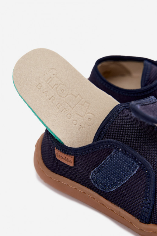Bērnu čības zēniem ar lipīgām aizdares Barefoot Froddo G1700438 tumši zilā krāsā
