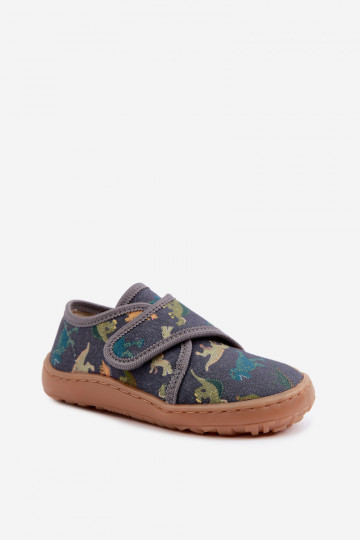 Bērnu čības zēniem ar lipīgām aizdares Barefoot Dinozaurai Froddo G1700438-26 pelēkā krāsā