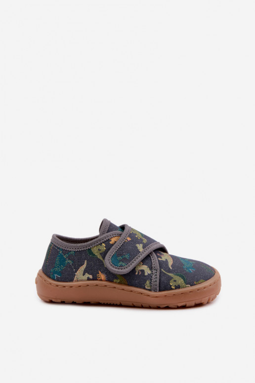 Bērnu čības zēniem ar lipīgām aizdares Barefoot Dinozaurai Froddo G1700438-26 pelēkā krāsā