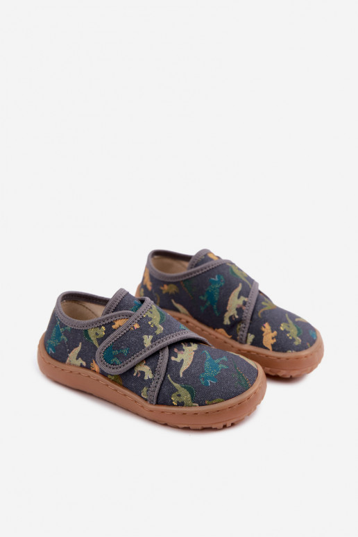 Bērnu čības zēniem ar lipīgām aizdares Barefoot Dinozaurai Froddo G1700438-26 pelēkā krāsā