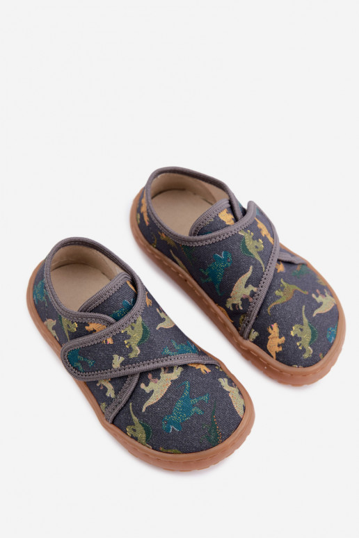 Bērnu čības zēniem ar lipīgām aizdares Barefoot Dinozaurai Froddo G1700438-26 pelēkā krāsā