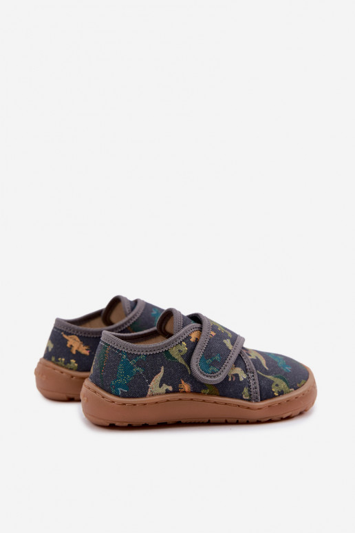 Bērnu čības zēniem ar lipīgām aizdares Barefoot Dinozaurai Froddo G1700438-26 pelēkā krāsā