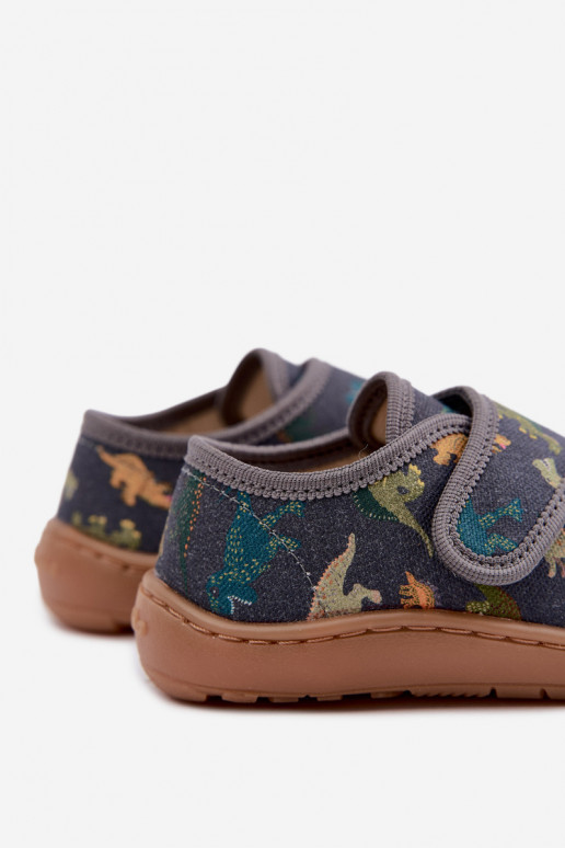 Bērnu čības zēniem ar lipīgām aizdares Barefoot Dinozaurai Froddo G1700438-26 pelēkā krāsā